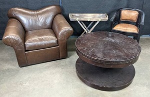 lot 197 image: Modern Classics Furniture Brown Accent Arm Chair, Round Coffee Table, Wood Arm Chair and Wood Folding TV Tray  K