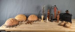 lot 174 image: Wooden Clogs with Signatures, (8) African-Inspired Figurines and Decor, Beautiful Ceramic Box K