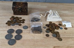 lot 40 image: Coin Collection (Kennedy, Eisenhower, Wheat Pennies) with Tiny Treasure Chest and More  B