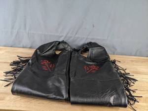 lot 169 image: Pair of XXL Unik Fringed Leather Chaps with Red Rose K