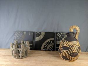 lot 172 image: Reed-Wrapped Ceramic Vessel, Circle of Friends Votive Holder, (3) Decorative Wall Tiles K