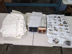lot 204 image: Jewelry Organizers with Jewelry Including Earrings and Bracelets, Sunglasses with Cases and Organization Bin  K