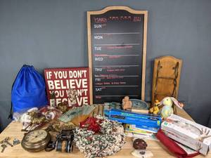 lot 209 image: Clock, Gloves, Weekly Menu Chalkboard, Candles, Thank You Cards, Sewing Supplies, Face Masks and More  K