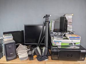 lot 212 image: Dell Screen, Sansui Screen, CDs, Handheld Wand Scanner, Speakers, HP Printer, Tripod and More  K
