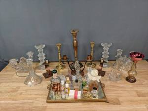 lot 237 image: Large Assortment of Glass and Metal Candle Holders, Vintage Perfumes with Tray (Friendship Garden, Dior, Cachet, Avon, and more) S