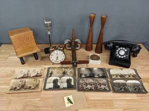 lot 238 image: Vintage Antique Stereoscope and Images, Rotary Phone, Wood Candlestick Holders, Gabriel Wind Up Alarm Clock, American Legion Bronze Medal, and more S