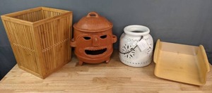 lot 248 image: Pottery Barn White Ceramic Lantern, Bamboo Bin, Pottery Decoration, and Wood Tray S