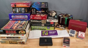 lot 231 image: Collection of Board Games, Poker Chips, Dominoes, Cards, Puzzle Cranium, Monopoly, Risk, Clue, Scrabble, Balderdash, and More  S