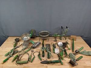 lot 235 image: Assorted Green Handle VintageAntique Home and Garden Tools - Canning Tongs, Whisk, Gardening Tools, etc. S