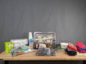 lot 241 image: Miscellaneous Household Items - Vintage Corning Ware Blue Cornflower Baking Dish, Plastic Utensils and Straws, Disposable Cups, Cloth Napkins, and more S