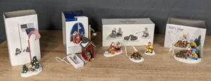 lot 224 image: Department 56 Figures US Flag, Backwoods Outhouse, Snow Village Marshmallow Roast, Snow Village Skate Date  S
