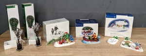 lot 225 image: Department 56 Figures  Pair of Lighted Trees, Snow Village Let it Snow, Let it Snow, The Catch of the Day, Angels in the Snow  S