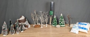 lot 227 image: Department 56 Figures Christmas Trees, Lighted Trees, Rock Formation, Wood Pile and Bags of Fake Snow  S