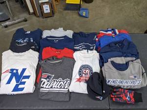 lot 87 image: NFL New England Patriots Lot - Shirts, Hats, Wind Breakers, and Gloves H