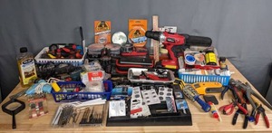 lot 77 image: Assorted Handyman Items, Dremel Rotary Tool, Manual Soldering Gun, Hyper Tough 18v Cordless Drill, Mastech Multimeter Pen,Calipers, Multi-Tool Knives, and more H