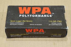 lot 99 image: 50 WPA Polyformance 9mm Luger 115 Gr FMJ Steel Case Ammo
