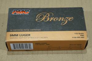 lot 102 image: 50 PMC Bronze 9mm Luger 115 Gr FMJ Ammo