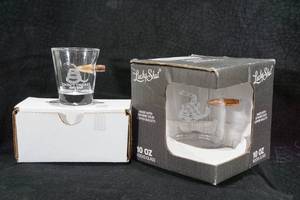 lot 139 image: Lucky Shot Etched 10oz Rocks and 1.5oz Shot Glass with Embedded Bullets -Dont Tread on Me