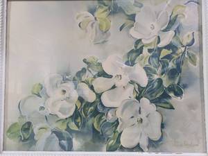 lot 36 image: Antique Magnolia Lithograph with large decorative white frame. .
