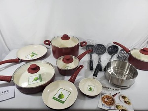 New Green Life 16 Piece Soft Grip Burgundy Aluminum PotPan Set