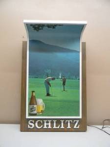 lot 10 image: RARE - Vintage 1967 SCHLITZ Beer Golf Large Heavy Plastic  Metal Lighted Wall Sign - WORKS - NICE - FANTASTIC PIECE - APPROX 19 By 29 - SEE PICTURES