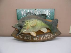 lot 14 image: VERY RARE - VINTAGE WINDSOR CANADIAN THE REEL WAY TO RELAX BIG MOUTH BASS WALL SIGN - NICE - ABSOLUTELY FANTASTIC PIECE - APPROX 24 By 20 - SEE PICTURES