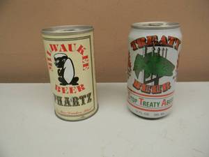 lot 34 image: VINTAGE COLLECTIBLE BEER CAN SET - TREATY BEER TRUE BEER OF THE WORKING MAN TAX DOLLARS & MILWAUKEE BEER PHARTZ - AWESOME SET - SEE PICTURES