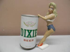 lot 35 image: Vintage BOTTOMS UP BEER CAN HOLDER - Blonde Daisy Duke WITH VINTAGE DIXIE BEER CAN - VERY COOL OLD SCHOOL SET - SEE PICTURES