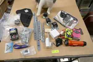 lot 68 image: Misc tool lot with new casters, drawer slides, chain, outlet, electrical tester