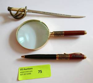 lot 75 image: Nice New desk set from the History Channel - Pen, Letter opener, Magnifier glass