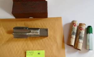 lot 82 image: Besly tap 1-34 inch and two new Vermont plug gage handles