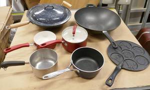 lot 86 image: Group of Woks and cooking pots, Farberware, Revere ware,
