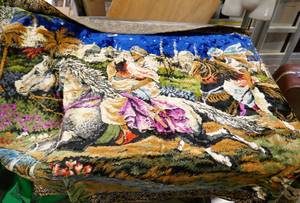 lot 155 image: 2 vintage wall hangings (italy) and vintage wool mexican blanket
