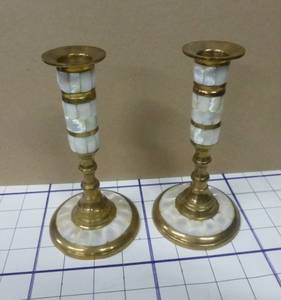 lot 264 image: Vintage pair of brass and inlaid sea shell candlesticks