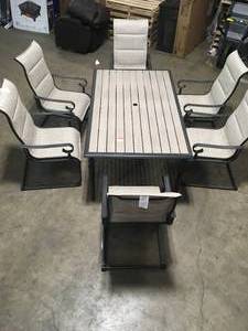 lot 19 image: Hampton Bay Glenridge Falls 7-Piece Metal Outdoor Dining Set with Wood Finish Table and Rocking Sling Chairs, May have missing Pcs, Customer return, Review all pictures