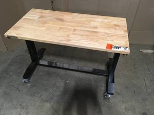 lot 24 image: Husky 46 in. W x 24 in. D Steel Adjustable Height Solid Wood Top Workbench Table in Black, Open Box, Review all pictures