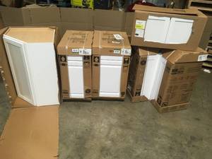 lot 1 image: Mix Lot of assorted White Cabinets, Various Sizes and Models, Open box, Review all pictures