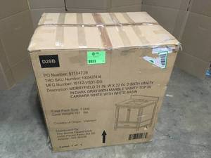 lot 22 image: Home Decorators Collection Merryfield 31 in. W x 22 in. D Bath Vanity in Dark Blue-Gray with Marble Vanity Top in Carrara White with White Basin, Customer return, Review all pictures