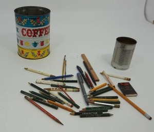 Vintage Coffee Can with Contents of Matches, Pencils and Pens