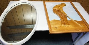 Turner Oval Mirror and Wood Inlaid Golfer Art