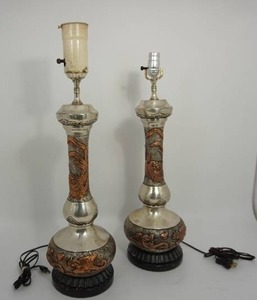 Pair of Solid Copper Asian Style Lamps with Dragons Motifs and Silver Wash