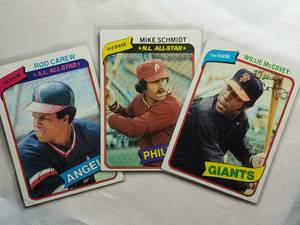 lot 46 image: Lot of 3 Vintage Cards Rod Carew All-Star 1980 Topps #700, Willie McCovey 1980 Topps #335, Mike Schmidt 1980 Topps #270