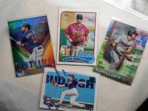 lot 82 image: Lot of 4 Alex Kirilloff Rookie Cards Topps #1 Prospects P-19, Topps Rookie Debut US41, Bowman Future Vibrance BFV-8, Bowman Best #10