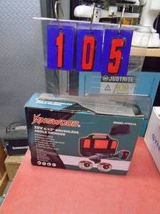 lot 105 image: New Kinswood 20 volt brushless angle griner with battery & charger & discs. Was a trade show display. Tested & works. As shown.