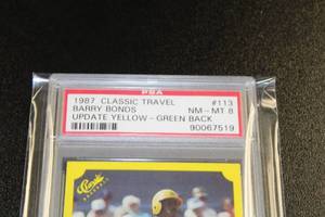 lot 21 image: 1987 Classic Travel Update YellowGreen Back Barry Bonds #113 Rookie Card PSA 8