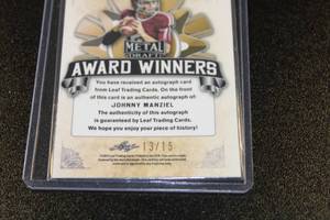 lot 34 image: 2022 Leaf Metal Draft Award Winner Blue Johnny Manziel #AW-JM2 1315  Only 15 Exist