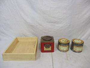 lot 18 image: Vintage Items Canisters with covers & wood box. 