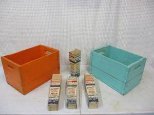 lot 43 image: Lot of 2 Vintage Milk Crateswood boxes and 15 empty Dairy Milk Cartons