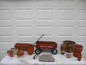 lot 70 image: Lot of Terra Cotta & Ceramic Pots & Radio Flyer Childs Red Wagon