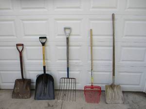 lot 95 image: Lot of Garden Tools Grain Forks, Pitch Forks & shovels